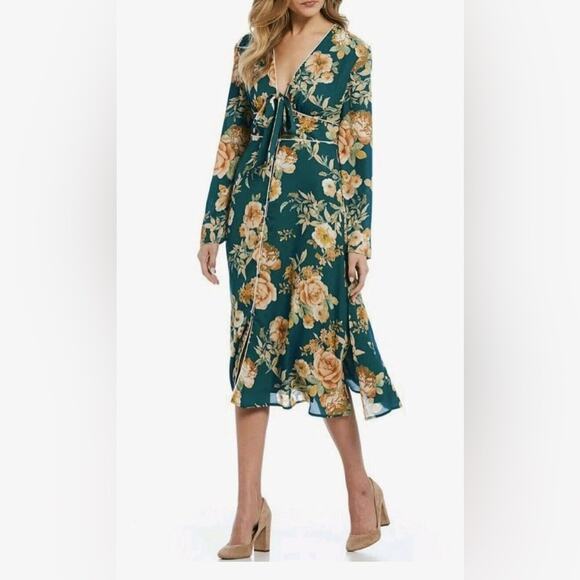 June & Hudson Teal Floral Button Front Midi Dress Size Medium - Picture 1 of 9